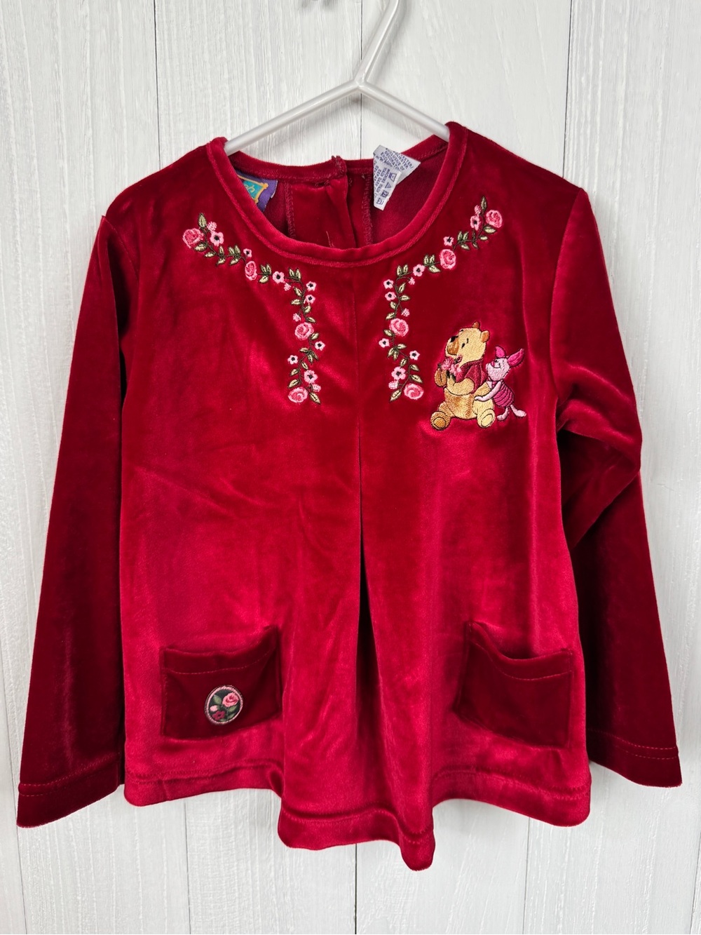 Vintage Disney Winnie the Pooh and Piglet embroidered velour top - red
